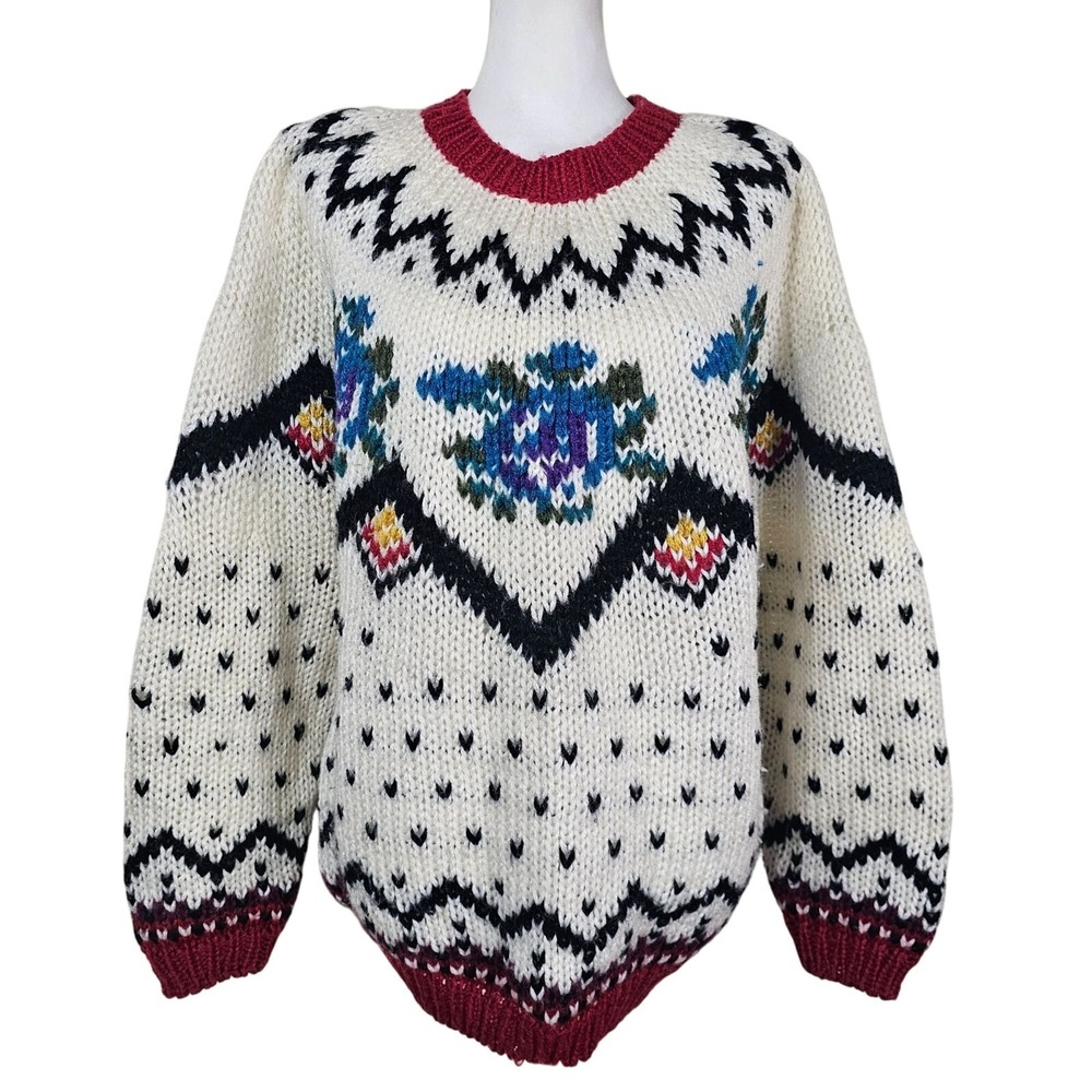 Vintage Hand Knit Chunky Sweater M Nordic Apres Ski Holiday Cottagecore 80s